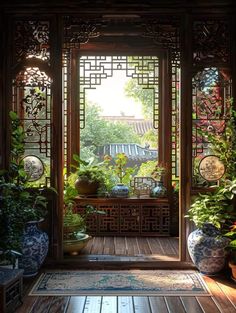 an open doorway with potted plants in it