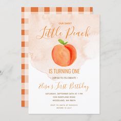 an orange and white gingham baby shower card with the words, little peach is turning