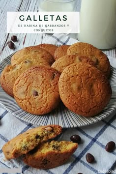 chocolate chip cookies on a plate next to a glass of milk