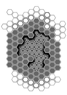 an abstract hexagonal pattern with the shape of a man's head in black and white