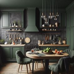 a kitchen with green cabinets and wooden table in front of the counter top, surrounded by chairs