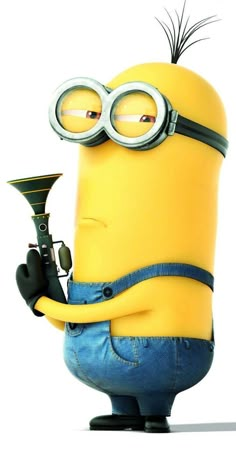 a cartoon minion playing a trumpet and wearing goggles