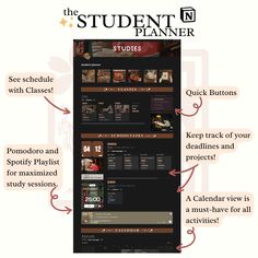 #notiontemplate #notiontemplatefree Dark Academia Theme, Calendar Of Activities, Pomodoro Timer, Performance Tasks, Task Manager, Academic Goals, Digital Organization, Notion Templates, Inspire Students
