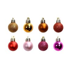 six different colored christmas ornaments on a white background