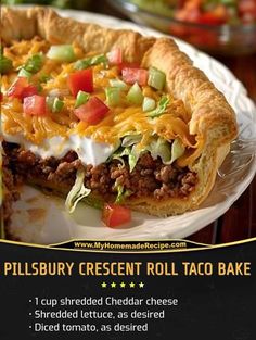 an advertisement for a restaurant called pillsbury crescent roll taco bake on a plate