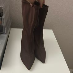 Never Used Brown Boots With Padded Ankle For Spring, Spring Boots With Pointed Toe, Brown High Ankle Heels For Spring, Pointed Toe Boots For Spring, Solid Color Pointed Toe Boots For Spring, Shoes Shein, Brown Heeled Boots, Shein Shoes, Heeled Boots