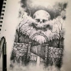 a drawing of a gate with a skull in the sky above it and trees on either side