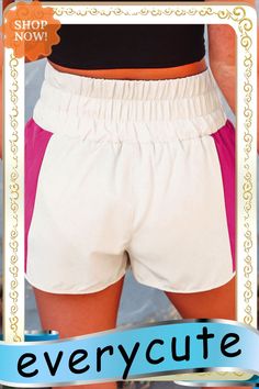 Pink Color Block Split High Waist Shorts White Color Block Bottoms For Summer, Trendy White Athletic Shorts For Spring, White Color Block Sports Shorts, White Color Block Shorts For Spring, White Stretch Color Block Bottoms, Beige Workout Shorts For Summer, Casual Stretch Color Block Shorts, Summer White Color Block Shorts, Stretch Color Block Bottoms, Short Shape