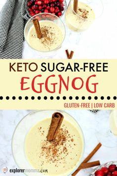 keto sugar - free eggnog recipe in glasses with cinnamon sticks and cranberries