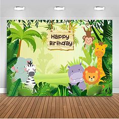 happy birthday photo backdrop with jungle animals