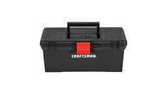 the craftsman's tool box is black with red handles and two compartments on each side