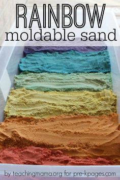 rainbow sand in a plastic container with text overlay that says rainbow moldable sand