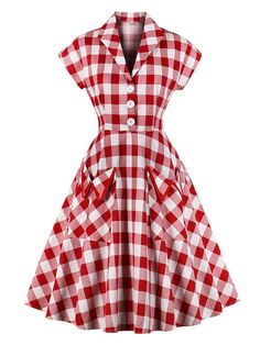 Red White 1950s Pockets Plaid Dress – Retro Stage - Chic Vintage Dresses and Accessories Doll Collar Dress, Very Short Dress, Mode Kimono, Robes Vintage, Look Retro, Party Kleidung, Standard Dress, Rockabilly Dress, Cap Dress