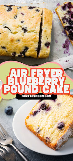 a blueberry pound cake on a plate with the title overlay reading air layer blueberry pound cake