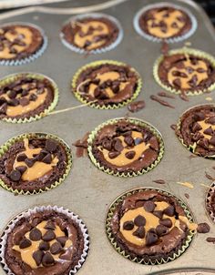 chocolate cupcakes with peanut butter frosting and chocolate chips on top are ready to go into the oven