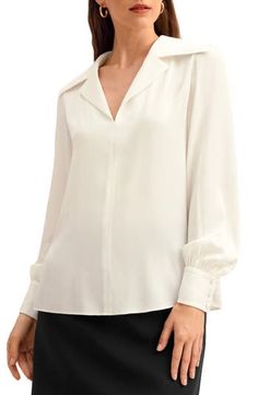 An elegant classic ideal for day or night, this luxe pullover blouse is crafted from stretch silk double-georgette for simple sophistication. Effortlessly flattering, the flowing sleeves and fitted cuff highlight the drape of silk providing a touch of vintage style. 19 momme stretch double georgette: 90% silk + 10% spandex Good stretchability Deep V-neck pullover Silk Cream Evening Blouse, White Silk Long Sleeve Blouse, Cream Silk V-neck Blouse, Luxury Cream V-neck Blouse, Cream Satin Long Sleeve Blouse, Blouse Nordstrom, Cream White, Silk Blouse, Top Shirt