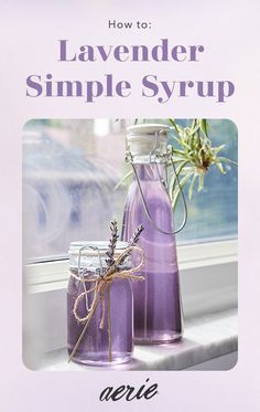 a book cover with lavender syrup in glass bottles on a window sill next to a potted plant