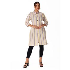 We present Office wear, daily wear cotton Front Slit Long Kurti for Women Details :- -------------- Color: Multi Fabric: Cotton Blend Neck: Mandarin Sleeve: Three Quarter Closure: Buttons Pattern: Striped Quantity - 1 Kurti Sizes : Sizes Variations are available Pair it with Pant, Palazzo,  etc.. There might be a slight variation in the shade of the actual product and the image shown on the screen, due to the screen resolution and photography effects. Shorts Night Suit, Kurti Office Wear, Kurti Long, Trendy Kurti, Photography Effects, Kurti Sets, Kurti For Women, Short Kurti, Long Kurti