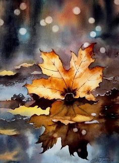 a painting of a leaf on the water