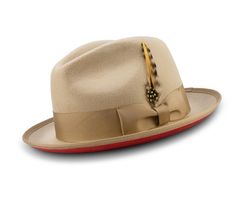 Montique Beige Matching Grosgrain Ribbon 2 ¼ Brim Red Bottom Wool Felt Dress Hat H-75 - Suits & More Red Bottom Hats For Men, Ribbon Feather, Mens Dress Hats, Felt Dress, Leather Top Hat, Mens Hats Fashion, Red Bottom Shoes, Fedora Hat Men, Solid Beige