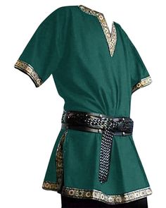 a green dress with gold trims on the waist