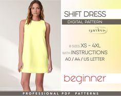 a woman in a yellow dress is standing next to a white wall and has the words, shift dress digital pattern