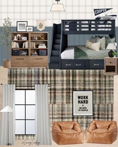 a collage of furniture and decor in blue, brown, white and grey colors