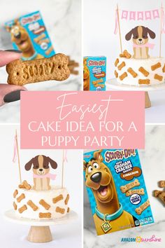 a collage of pictures with cookies, cake and treats for a puppy birthday party