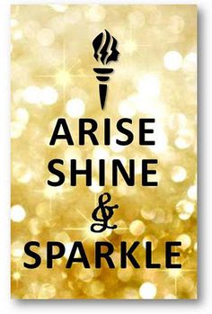 the words aria shine and sparkle are in black on a gold background with glitters