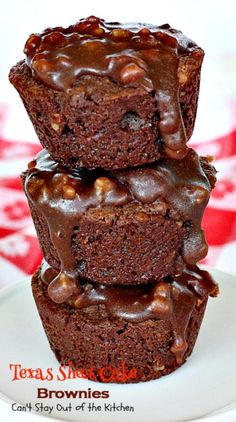 three chocolate brownies stacked on top of each other