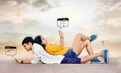 a man and woman laying on the ground with speech bubbles above their heads in front of them