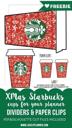 an advertisement for starbucks's christmas starbucks cup holders and paper cups with the words, xmas starbucks cups for your planner dividers & paper clips