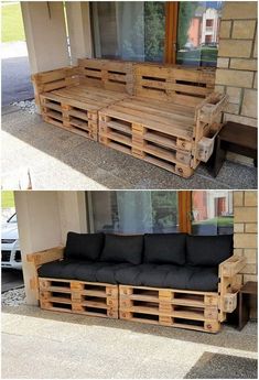 two pictures of a couch made out of wooden pallets and some black cushiones