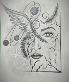 a drawing of a woman's face with wings and planets on her head, surrounded by stars