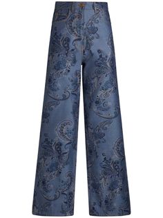 Find ETRO Paisley-print Wide-leg Jeans on Editorialist. indigo blue cotton blend denim paisley print full jacquard contrast stitching logo patch to the rear belt loops concealed fly and button fastening high-waisted wide leg classic five pockets Paisley Jeans, Ethereal Romantic, Samantha Robinson, Stitching Logo, Etro Paisley, Collage Elements, Chinti And Parker, Flat Heel Boots, Fashion Collage