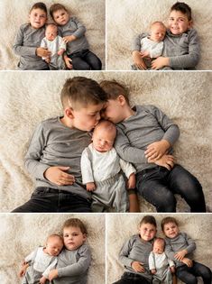 a collage of photos with two young boys and one older boy hugging each other