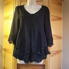 Zanzea Black Lace Top Large Oversize Nwt Very Pretty Lacea 3/4 Sleeve & Front Bottom Played Front Bodice W Delicate Buttons Polyester Washable Measured Flat: Pit To Pit 20" W 2" Stretch. Length Shoulder To Hem 24" Fromt & 27" Back Have In Red Identical Listed Here Only 1 Pic But They Are The Exact Same ___ ~Offers & Bundle Offers Welcome ~Add To A Bundle 4 A Private Offer ~Pet Friendly Home ~Non Smokers Ls Bin __ Zanzea Black & Red Lace Top Bohemian Black Top With 3/4 Sleeves, Black 3/4 Sleeve Summer Blouse, Black Bohemian Blouse With 3/4 Sleeves, Red Lace Top, Red Or Black, Black Lace Top, Black Lace Tops, Front Bottoms, Red Lace