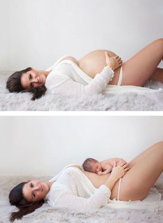 a woman laying on top of a bed next to a baby in a diaper