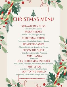 a christmas menu with holly wreaths and berries