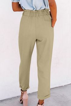 Khaki High Rise Paper Bag Waist Pocketed Casual Pants White Kicks, Stylish Pants, Faux Leather Belts, Straight Pants, Long Legs, Color Khaki, Cotton Style, Affordable Fashion, Straight Leg Pants