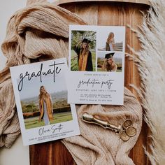 graduation announcement with photo and key laying on top of yarn next to it's contents