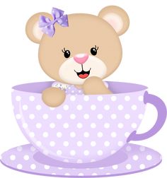 a teddy bear sitting in a teacup with polka dots on the rim and smiling