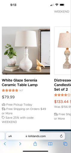 the white table lamp is on sale for $ 3 99 or more at kirkland's