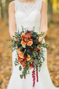 a bride holding a bouquet of flowers and greenery on her wedding day with the text pumpkins and rustic glam