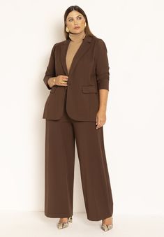 Stretch Straight Pantsuit For Fall, Fall Stretch Pantsuit With Straight Pants, Fall Stretch Straight Pantsuit, Stretch Brown Pants For Work, Fall Full Length Workwear Pantsuit, Fall Full-length Workwear Pantsuit, Stretch Elastane Pantsuit For Office, Business Professional Outfits Plus Size, Plus Size Business Casual Work Clothes