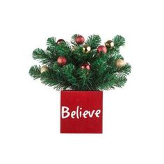 a small christmas tree in a red box that says believe