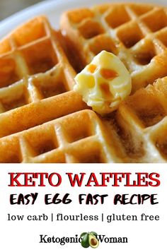 a close up of a waffle on a plate with the text keto waffles easy 16 fast recipe