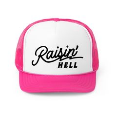 Introducing the Raisin' Hell Trucker Hat, the perfect accessory for country concert goers. With a vintage snapback cap design, this hat adds a cool retro touch to any streetwear look. Embrace your inner western style with this versatile and stylish accessory. Spring Streetwear Hat With Curved Brim, Summer Trucker Baseball Cap With Flat Bill, Summer Hip Hop Hat With Curved Brim, Spring Outdoor Trucker Hat With Curved Brim, Retro Outdoor Snapback Hat For Summer, Retro Summer Trucker Hat For Outdoor, Retro Snapback Hat For Summer Outdoor, Retro Summer Snapback Hat For Outdoor, Vintage Summer Trucker Hat For Outdoor Activities