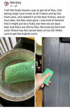 a person holding a green soap bar in front of a door with the word spring written on it