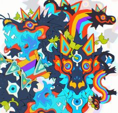 an abstract painting with many different colors and designs on it's surface, including dragon heads